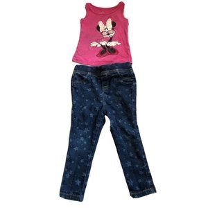 Disney Girls 2 Pieces Top Tank Pink Leggings Jeans Blue Elastic Waist 18-24M